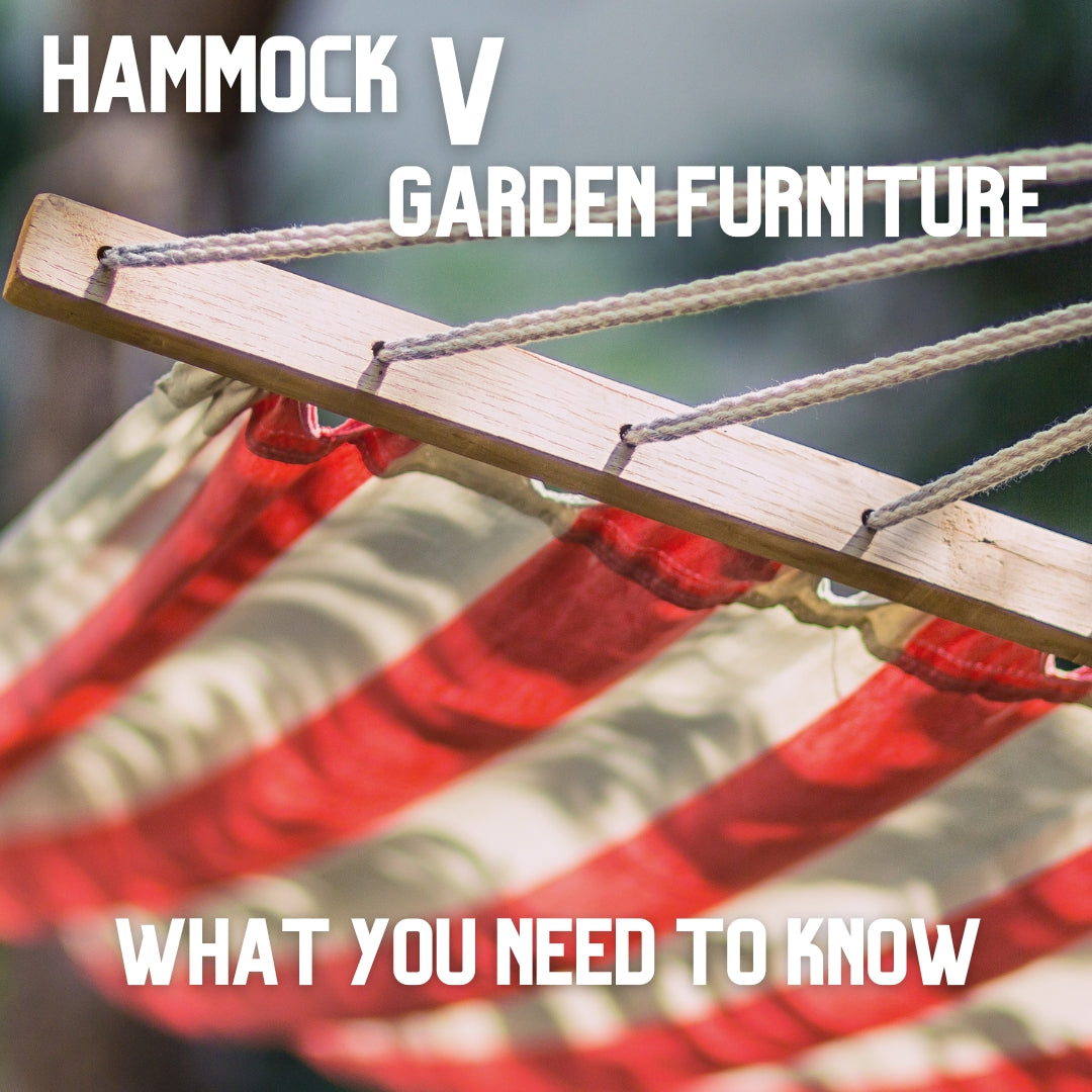 Picture of a hammock close up, colour are red and white. On top there's a text overlay with Hammock v Garden Furniture in text.