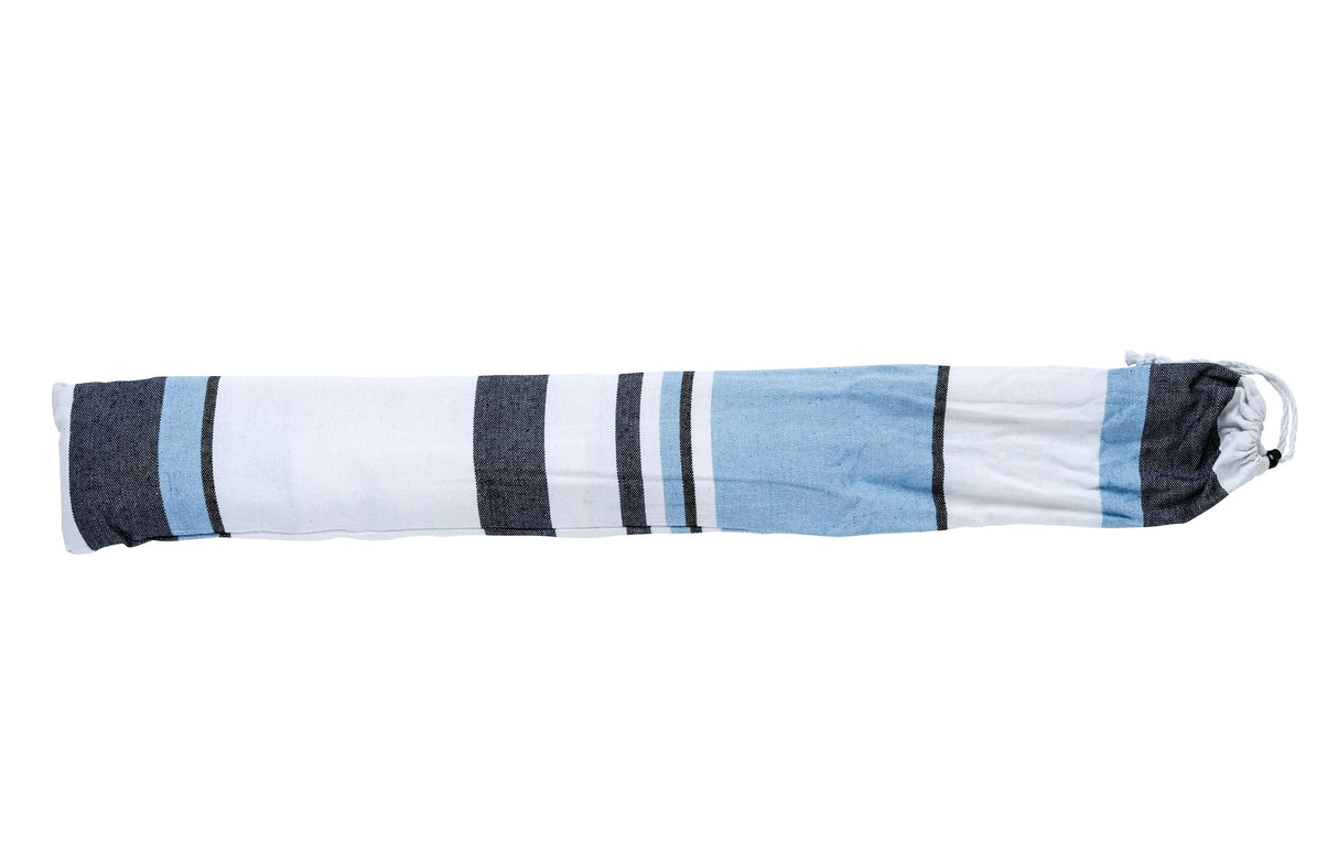 Striped sock with black, white, and blue bands on a white background
