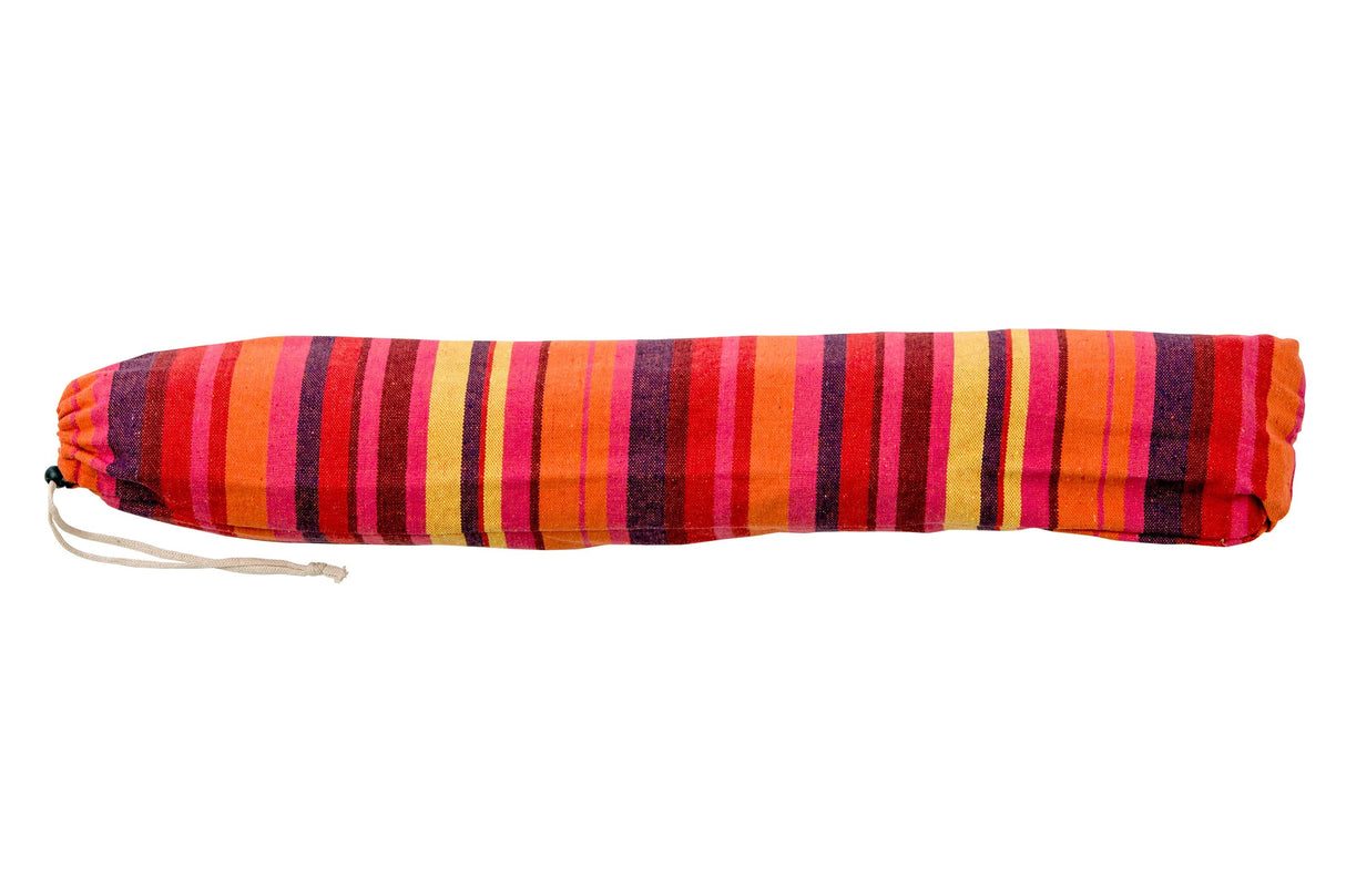 Colourful striped yoga mat bag on a white background