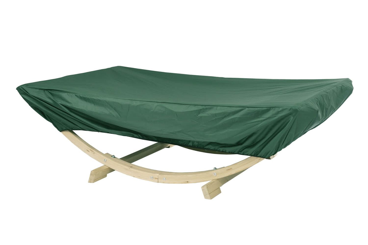 Green hammock cover on a wooden hammock against a white background