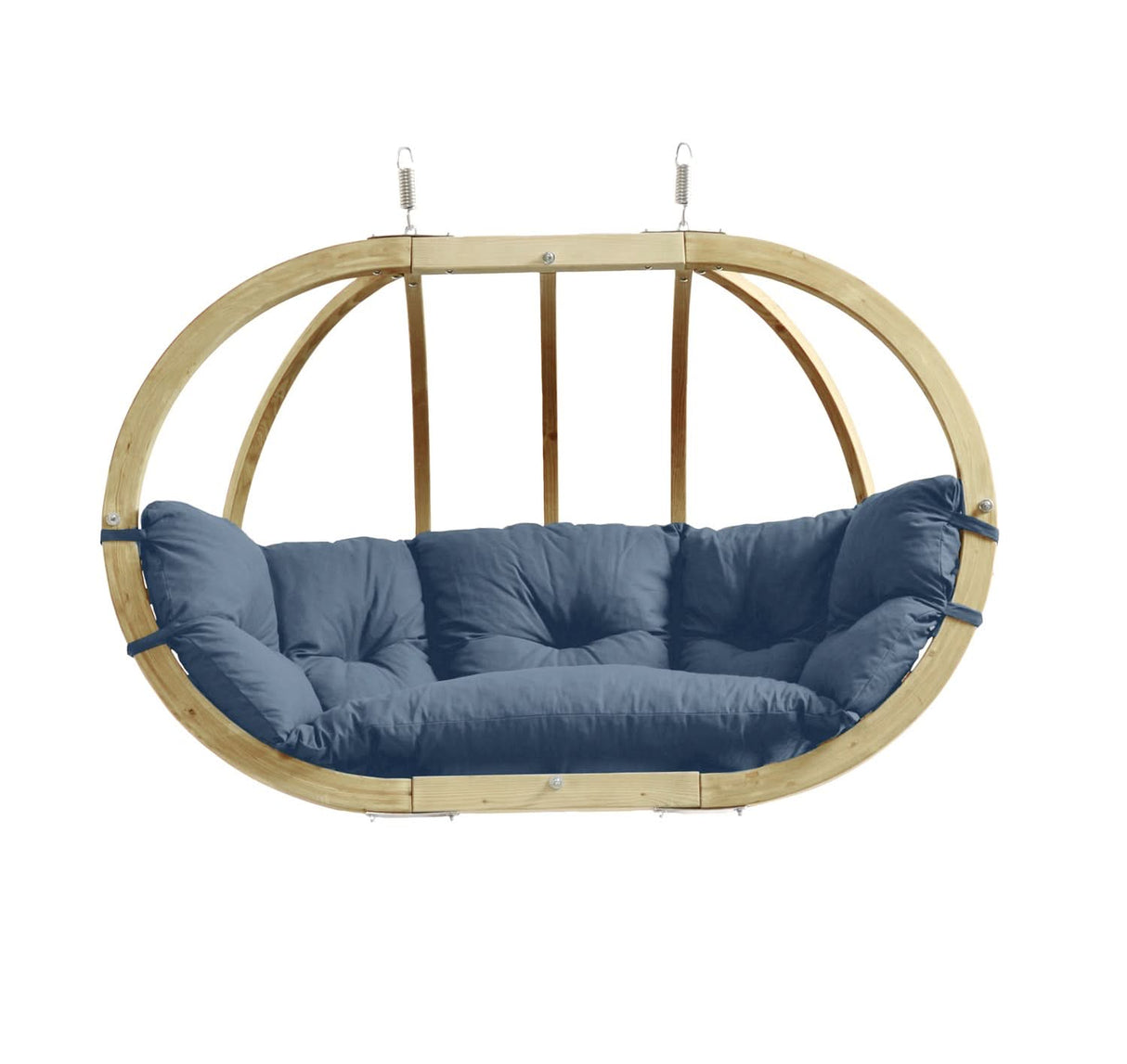 Hanging chair with blue cushion on a white background