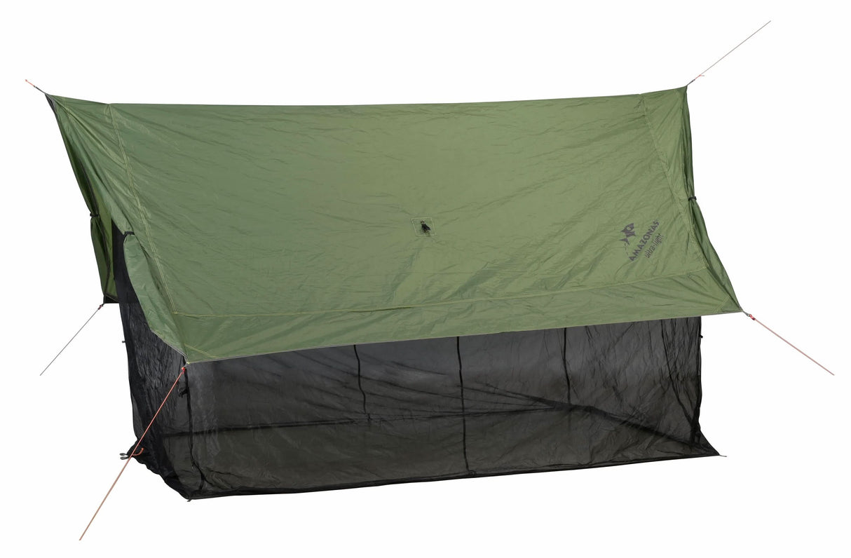 Green and black camping tent on a white background