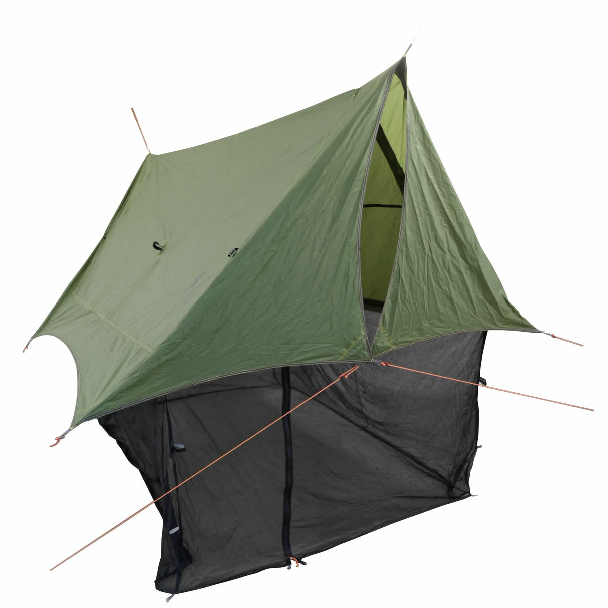 Green and black tent with flysheet on a white background
