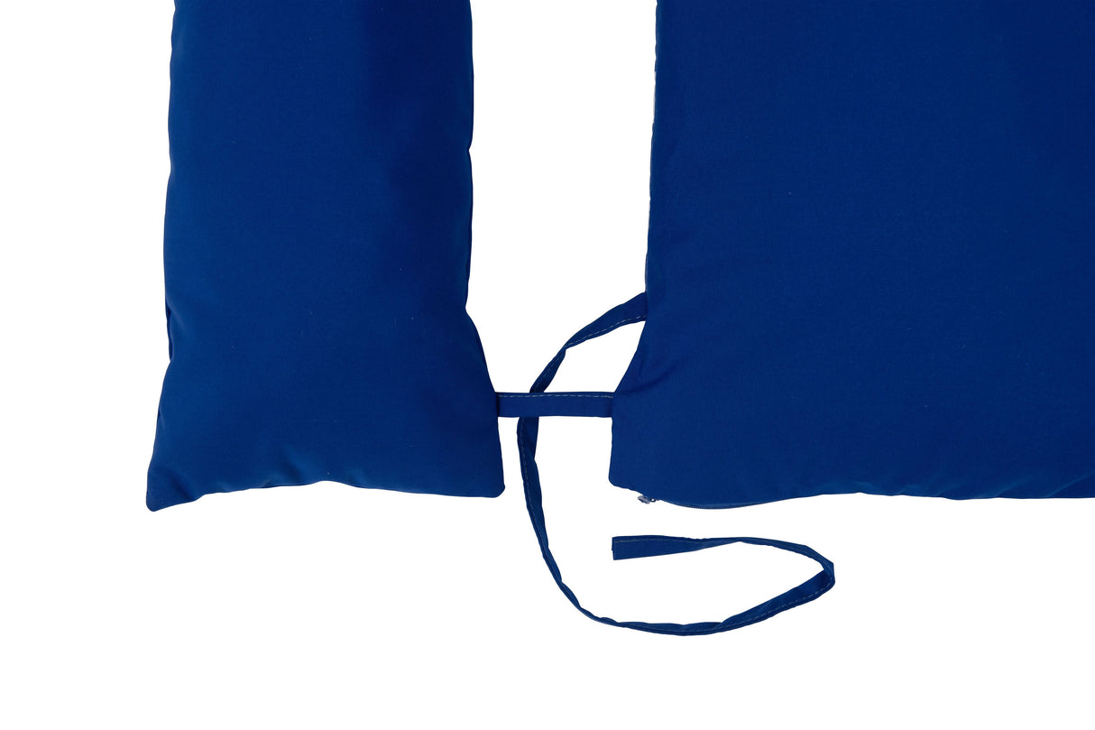 Two blue pillows with a strap on a white background
