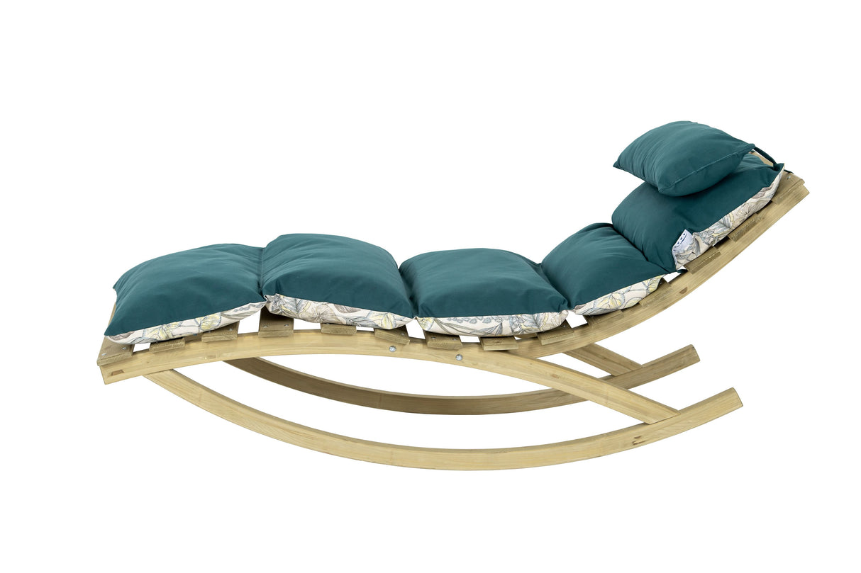 Rocking chair with teal cushions on a white background