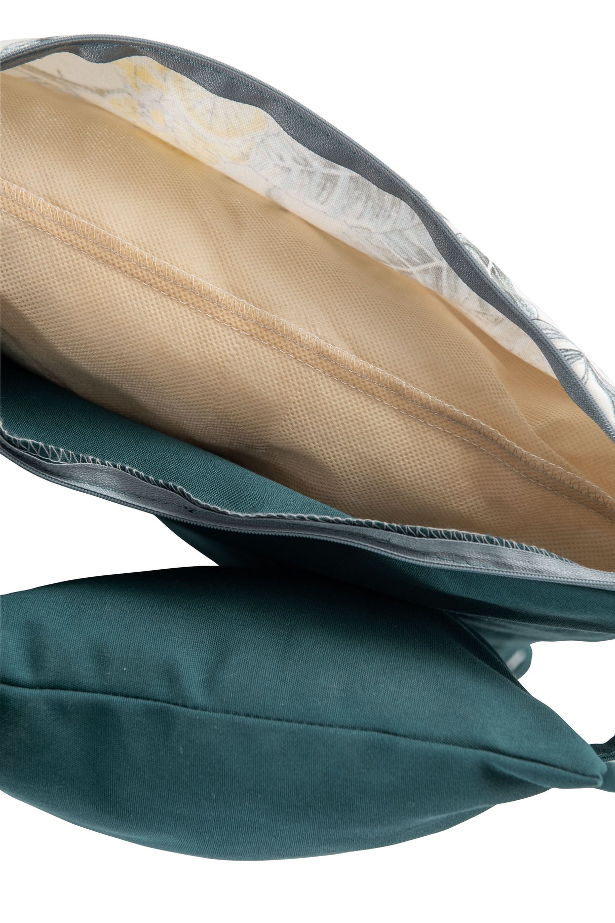 Close-up of a teal and beige fabric product on a white background