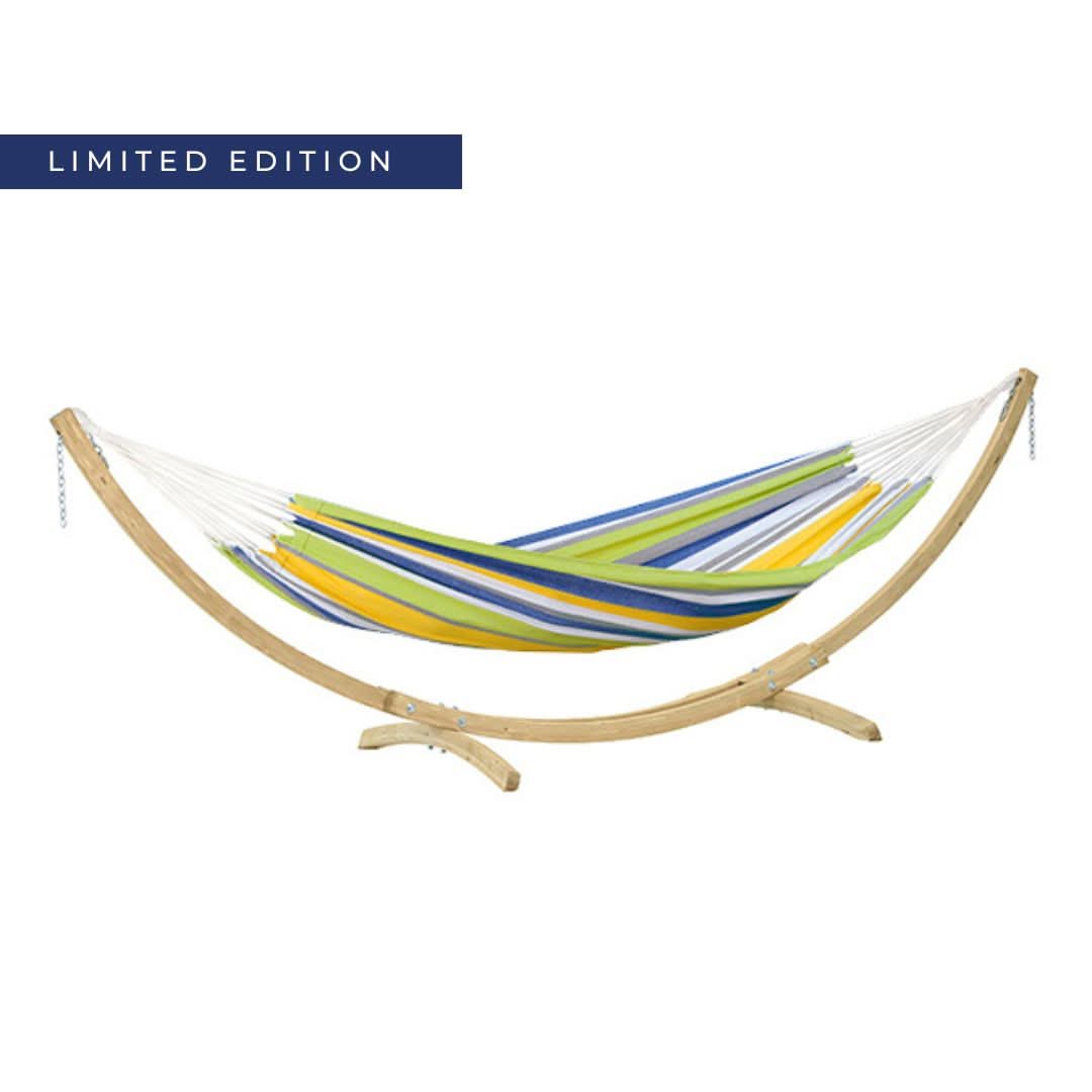 Colourful hammock with wooden stand on a white background, labelled 'Limited Edition'.