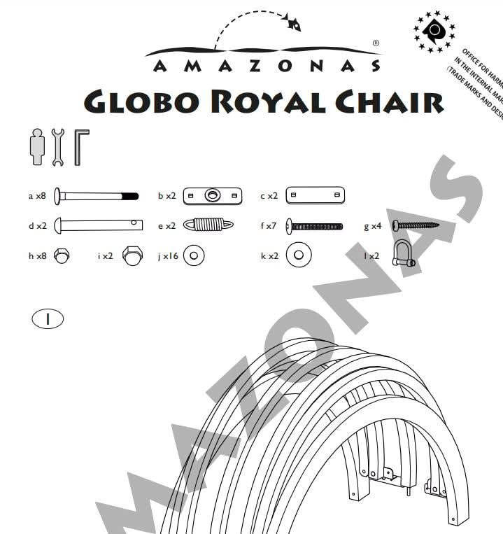 Amazonas Globo Royal Chair assembly diagram with tools and parts on a white background