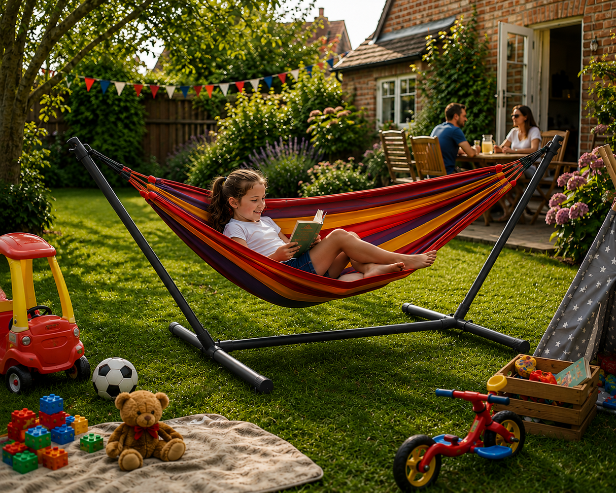 Child reading in a colorful hammock in a backyard with toys and a house in the background