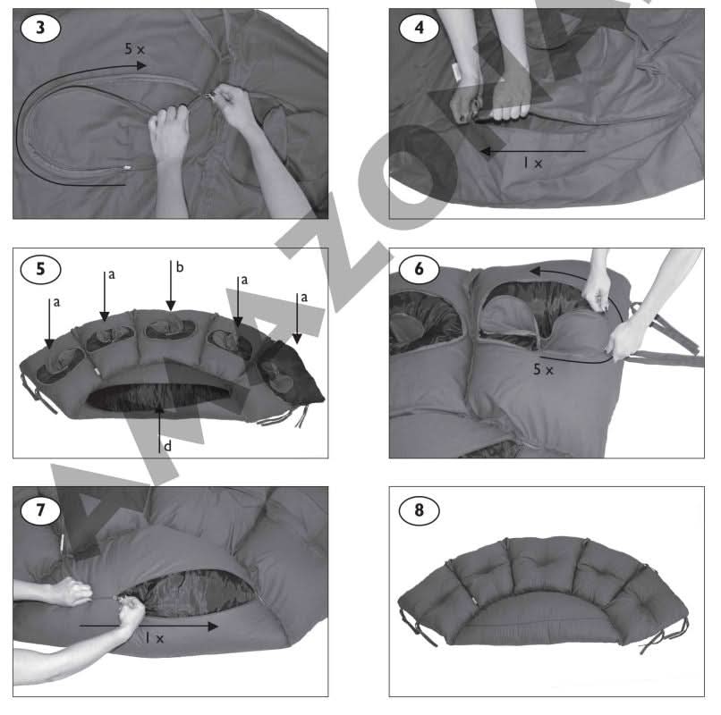 Step-by-step assembly instructions for a grey cushion or seat cover.