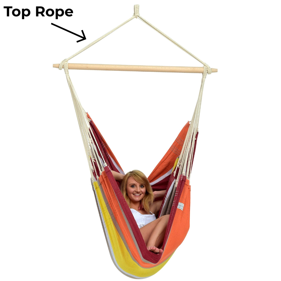 Colourful hammock chair with a woman sitting inside, labelled 'Top Rope'.