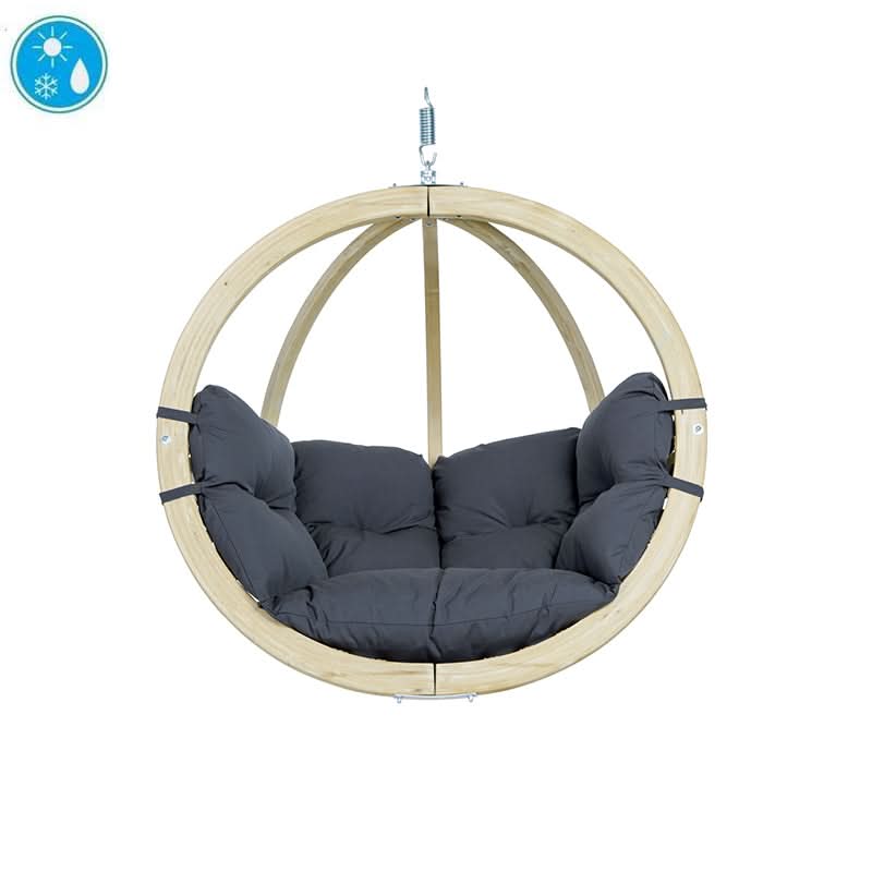 Hanging chair with dark gray cushion and wooden frame on a white background