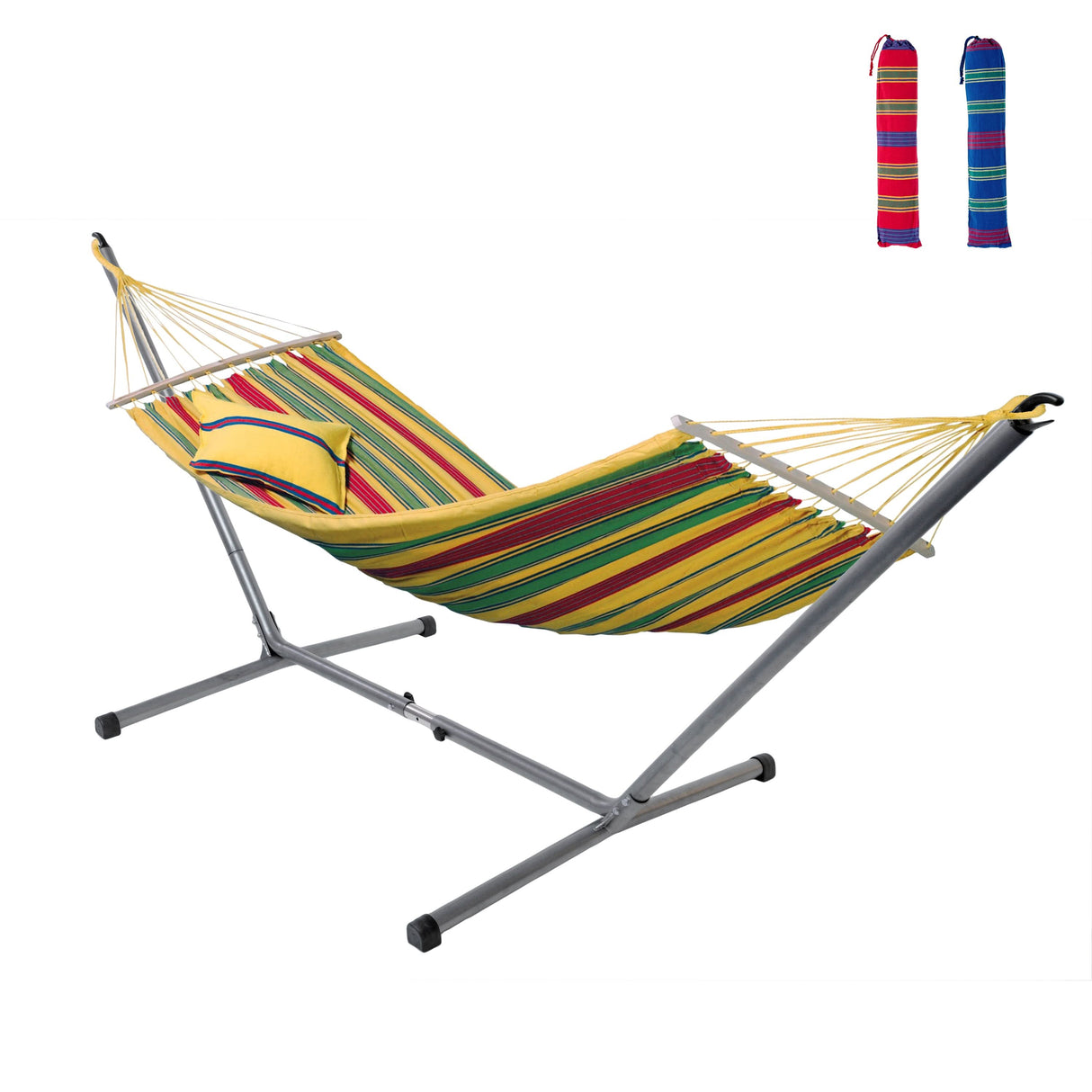 Colourful striped hammock with stand and carrying bag on a white background