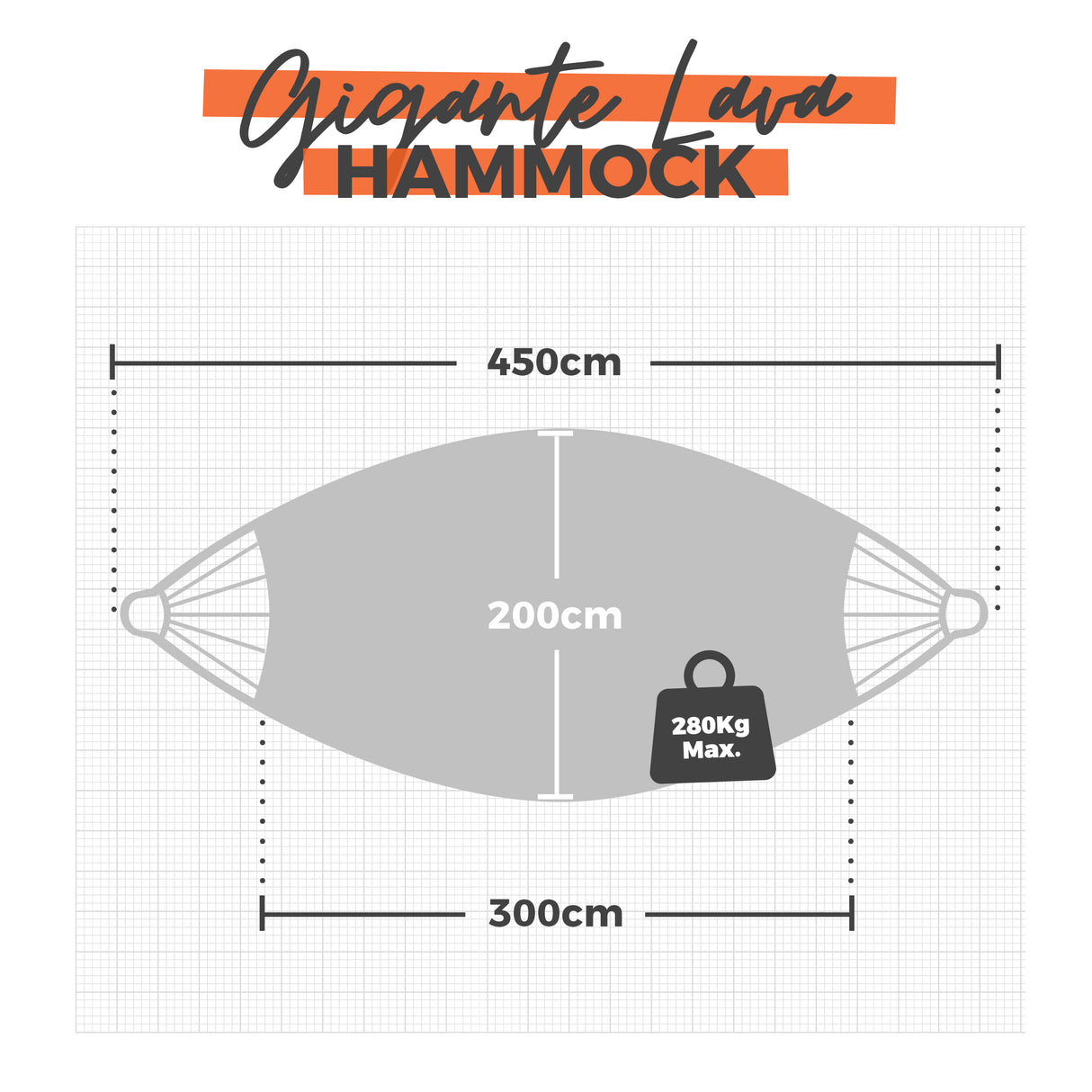 Gigante Lava Hammock with dimensions and weight capacity on a white background