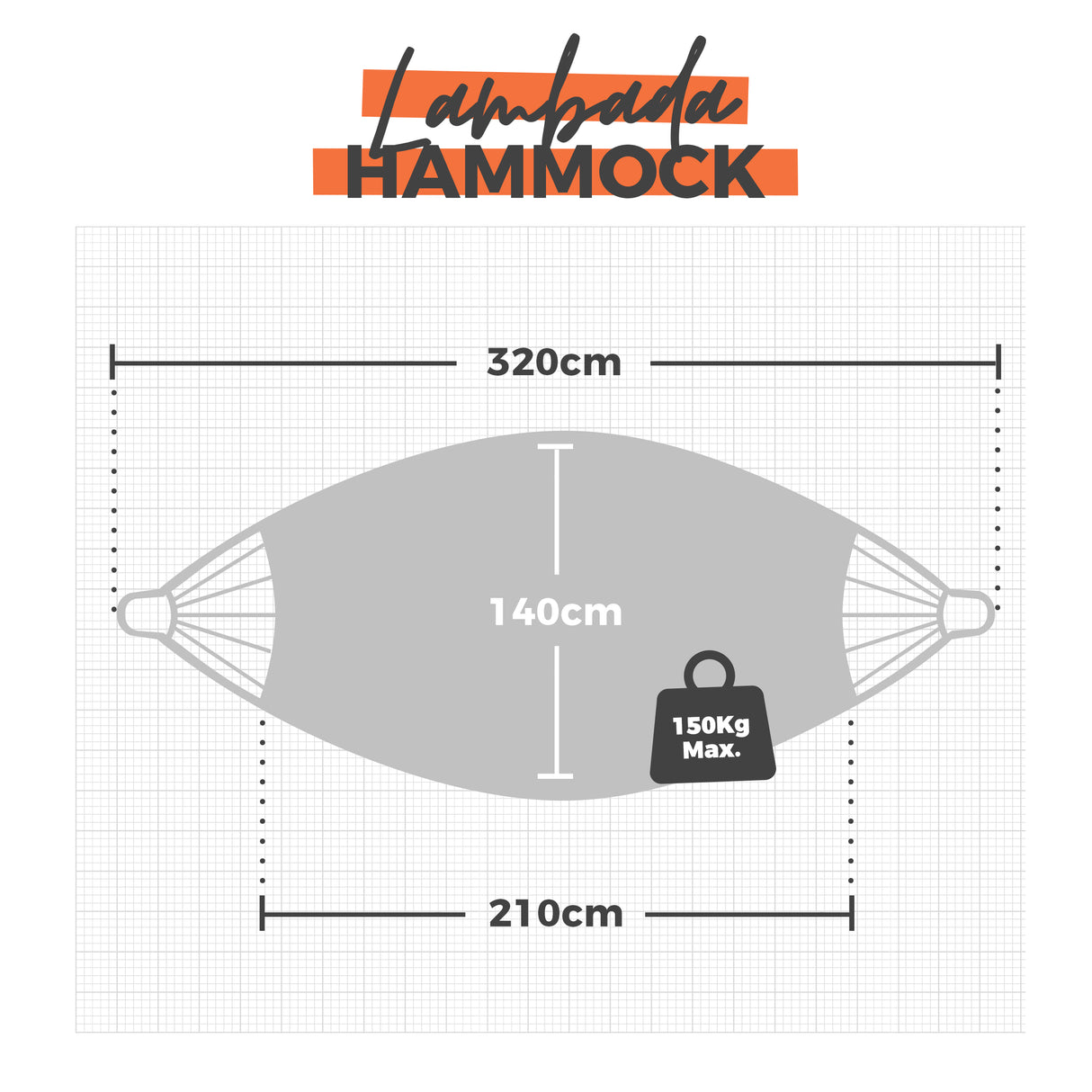 Measurement chart for a Lambada Hammock with dimensions and weight capacity.
