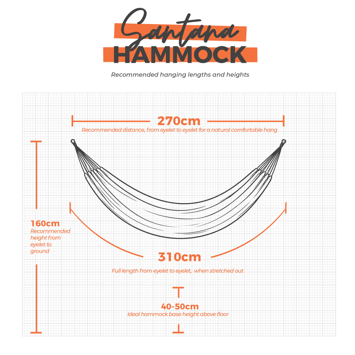 Santana Hammock measurement chart with dimensions on a white background