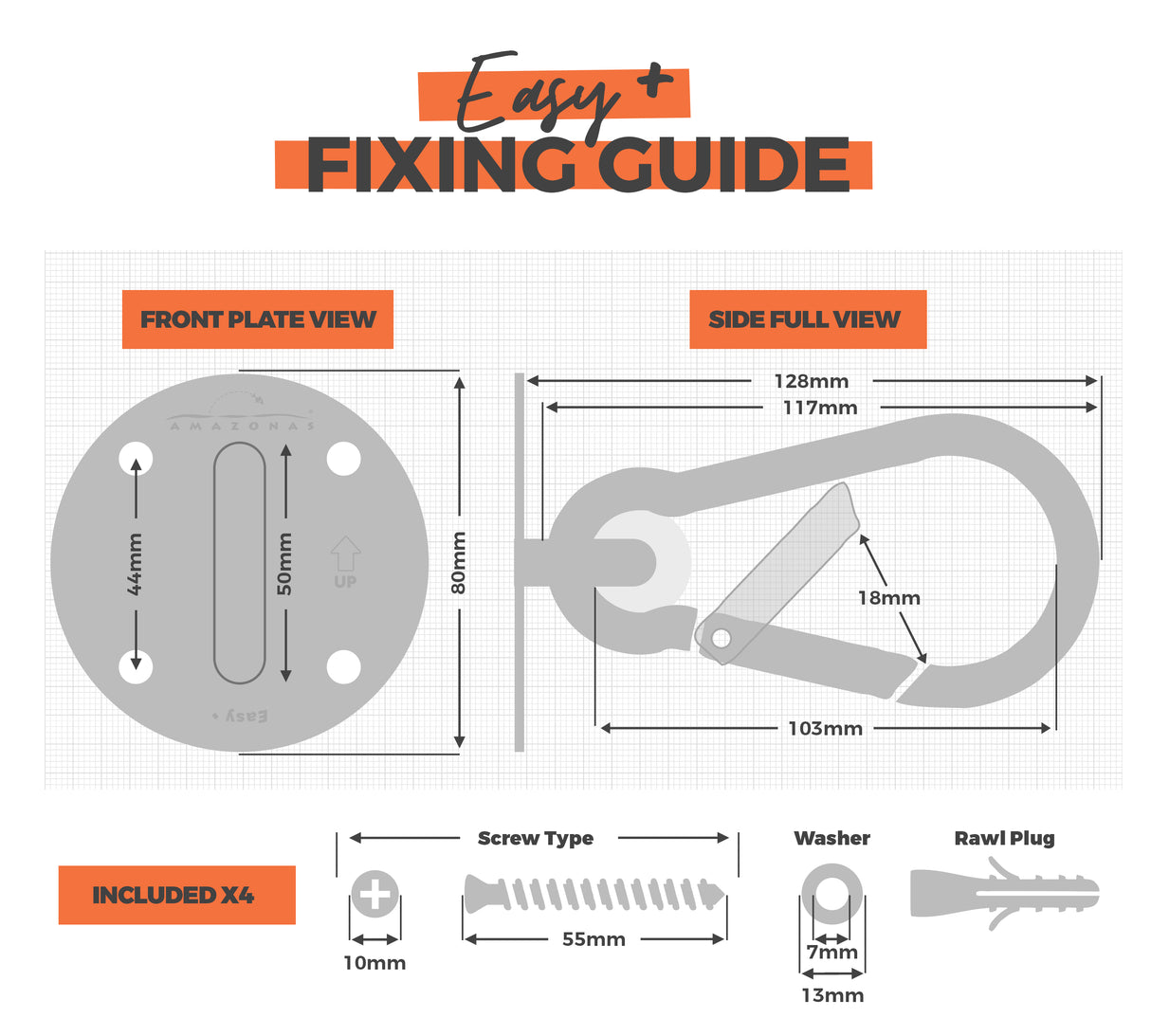 Easy+ fixing guide with measurements and components on a white background