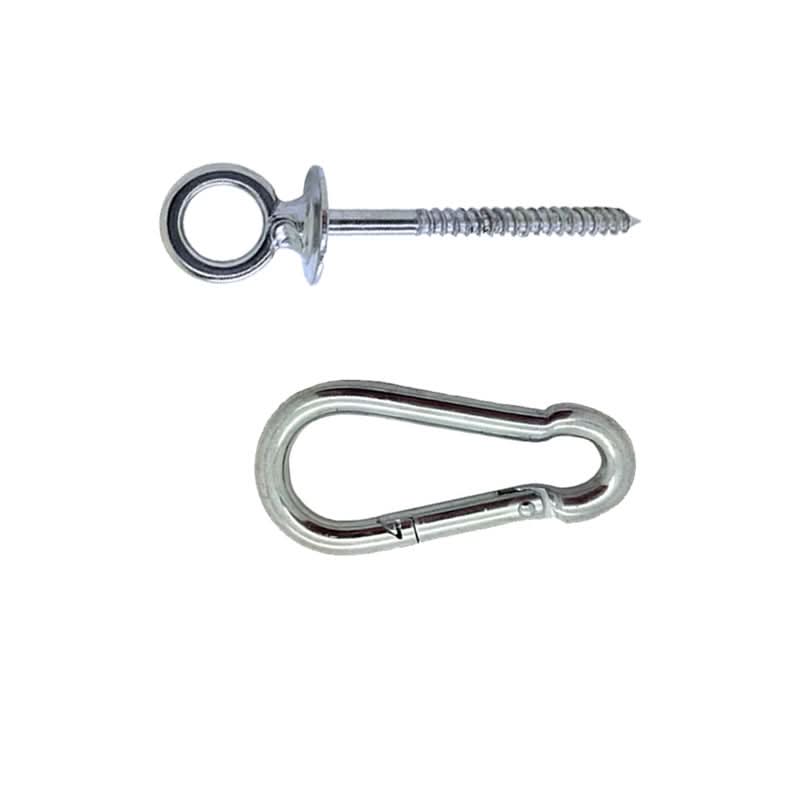 Metal eye bolt and carabiner on a white background