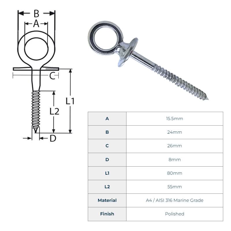 Technical drawing and measurement chart of a metal eye bolt with specifications.