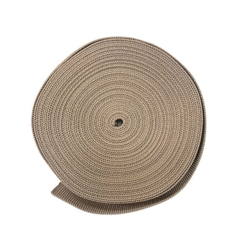 Roll of brown woven tape on a white background