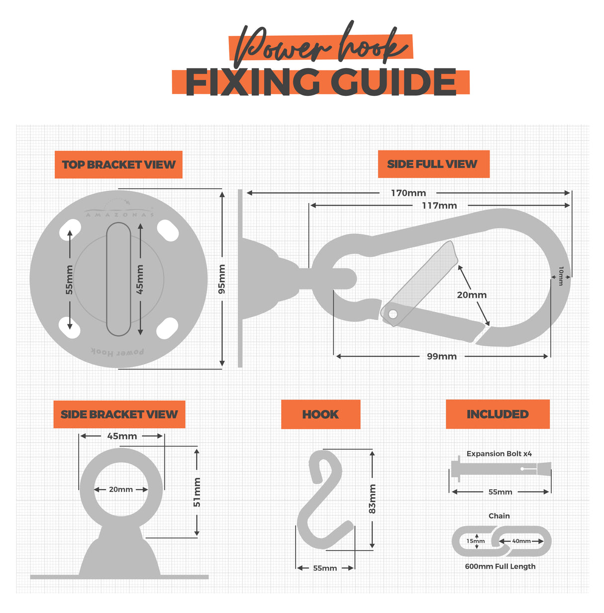 Power hook fixing guide with measurements and components on a white background