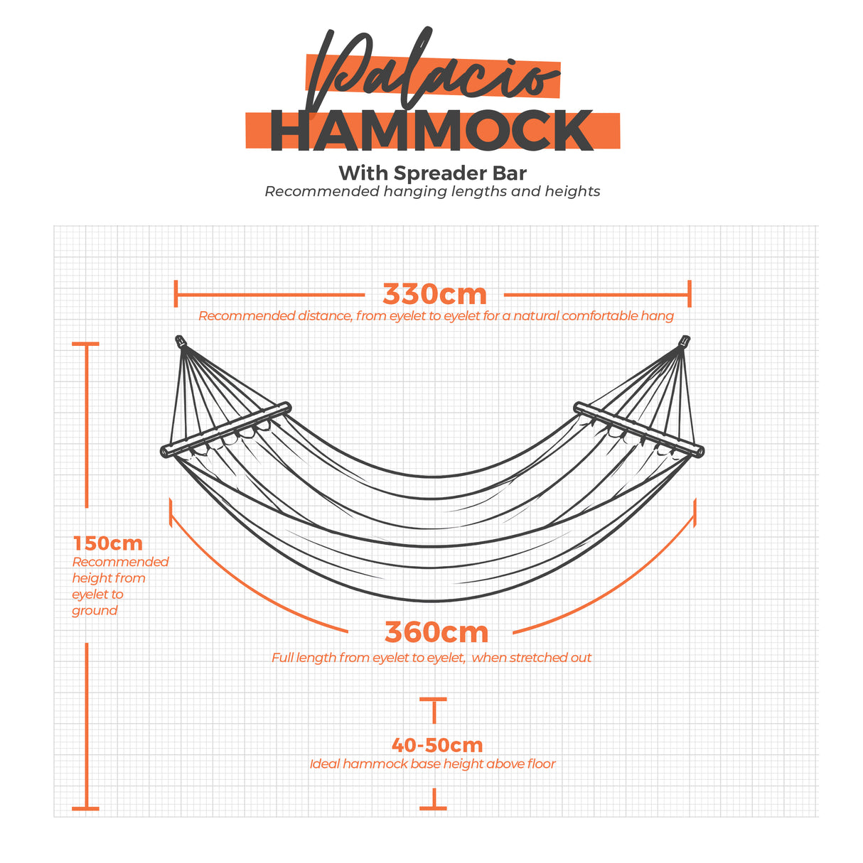 Palacio hammock hanging dimensions on a white grid background