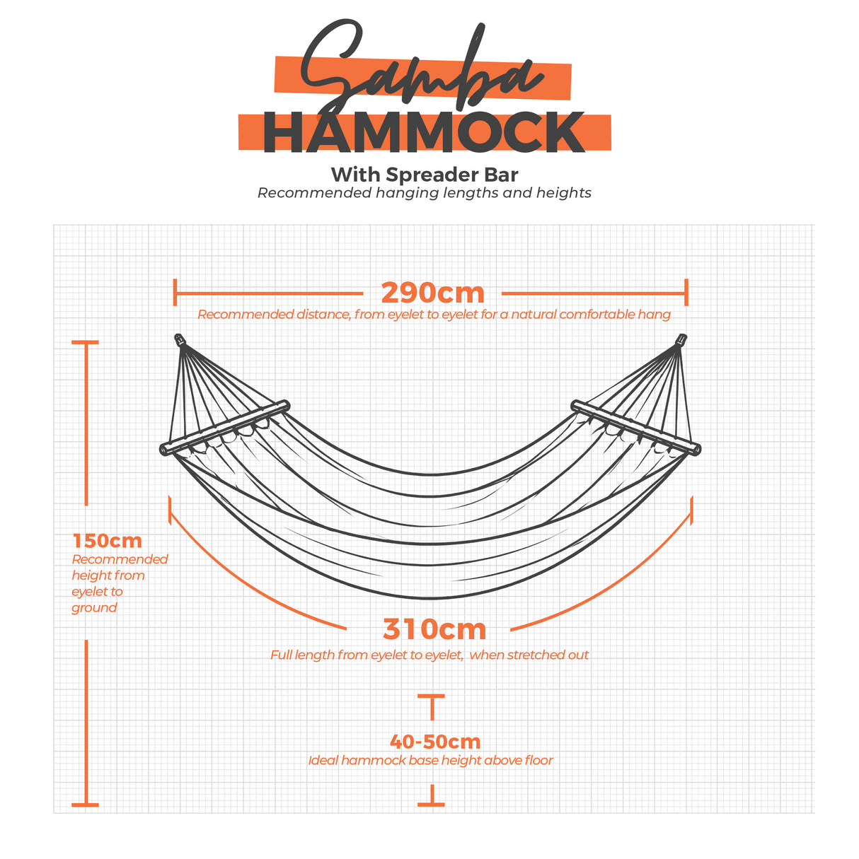 Samba Hammock with spreader bar and dimensions on a grid background