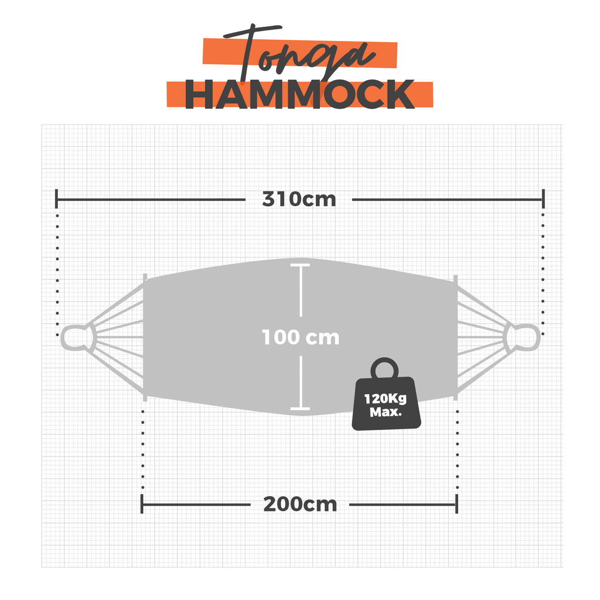 Measurement chart for a Tonga Hammock with dimensions and weight capacity.