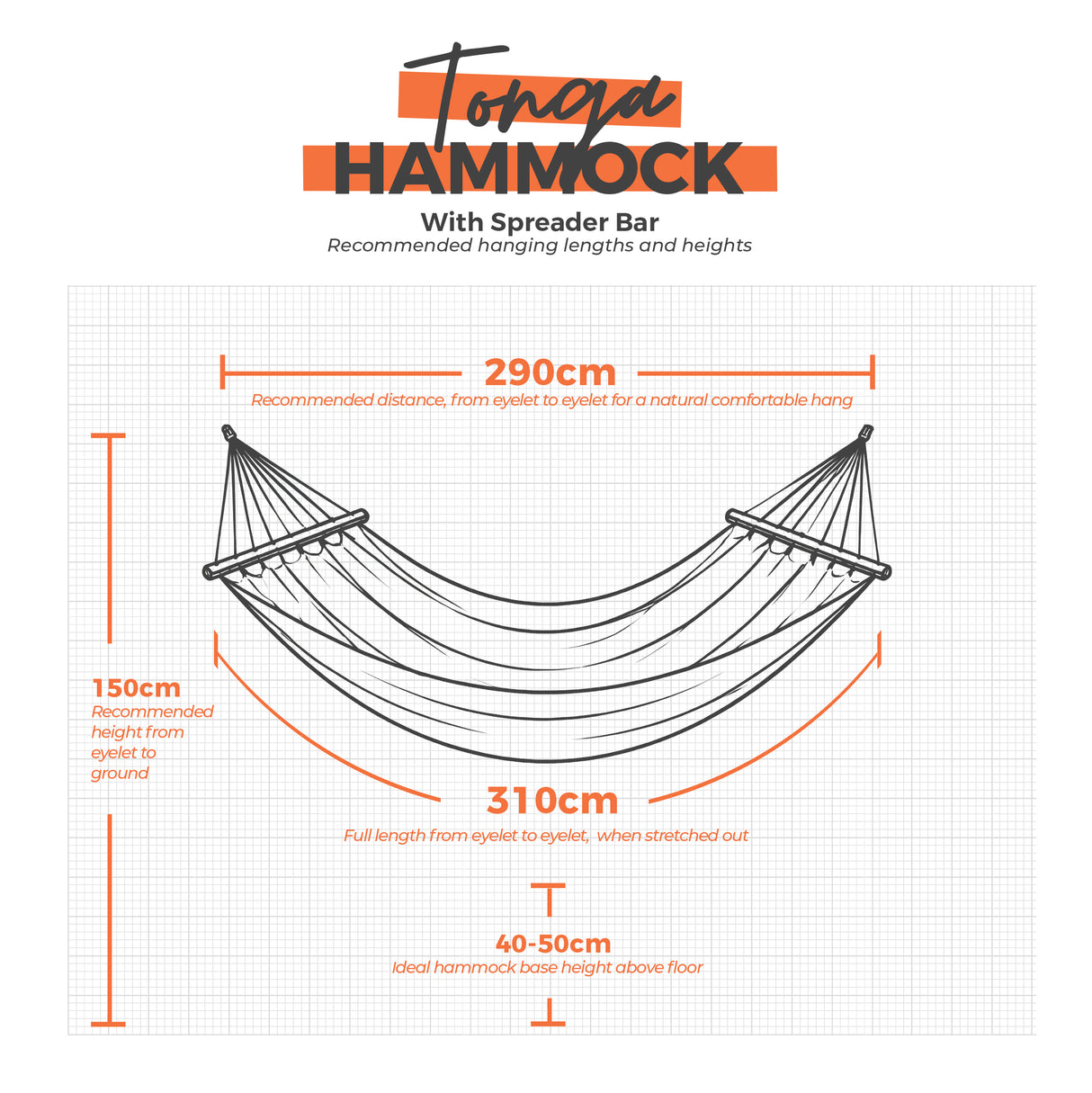 Tonga hammock with hanging dimensions on a white grid background