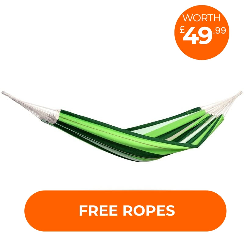 Green hammock with white ropes on a white background, featuring a price tag and promotional text.