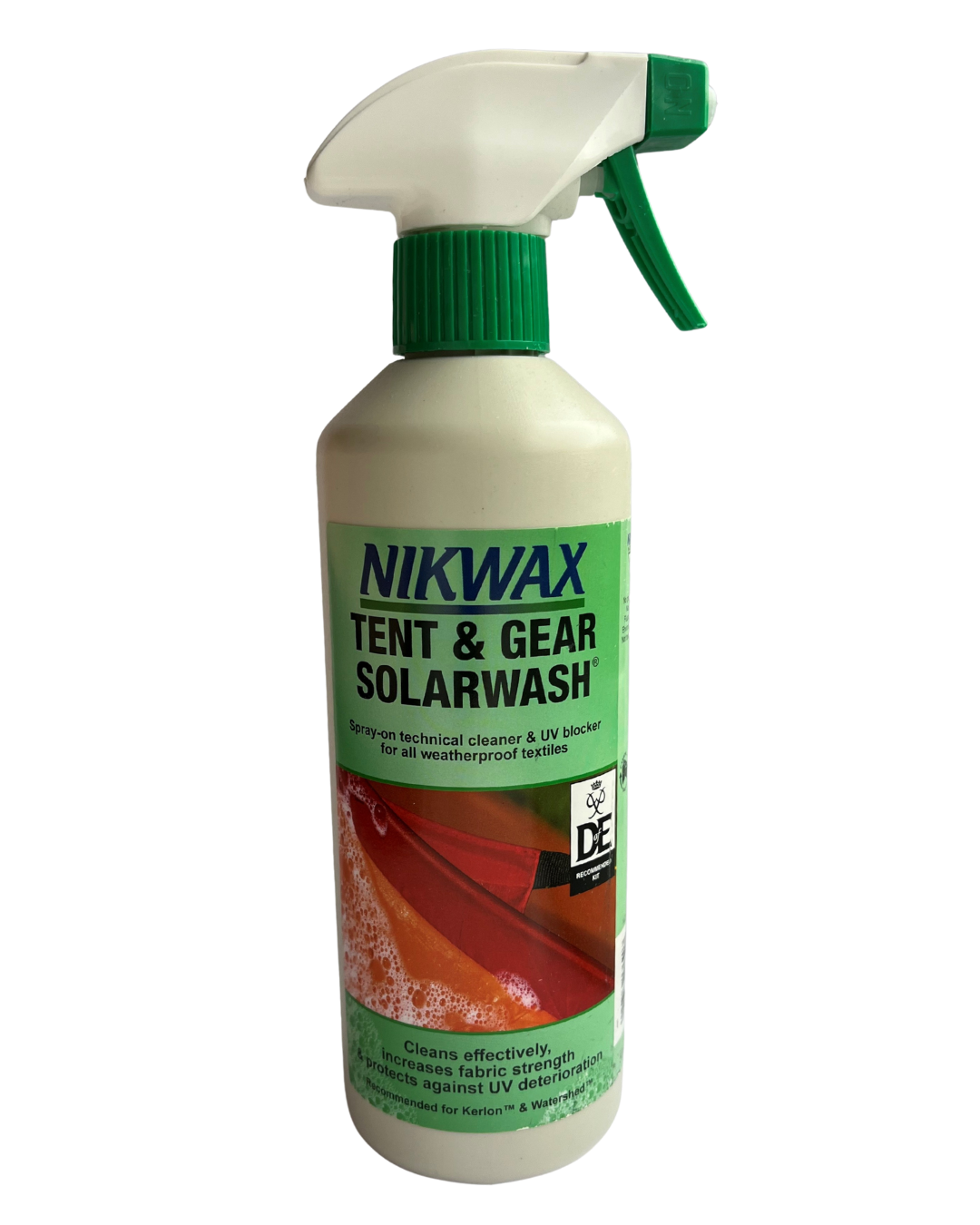Nikwax Tent & Gear Solarwash spray bottle on a white background