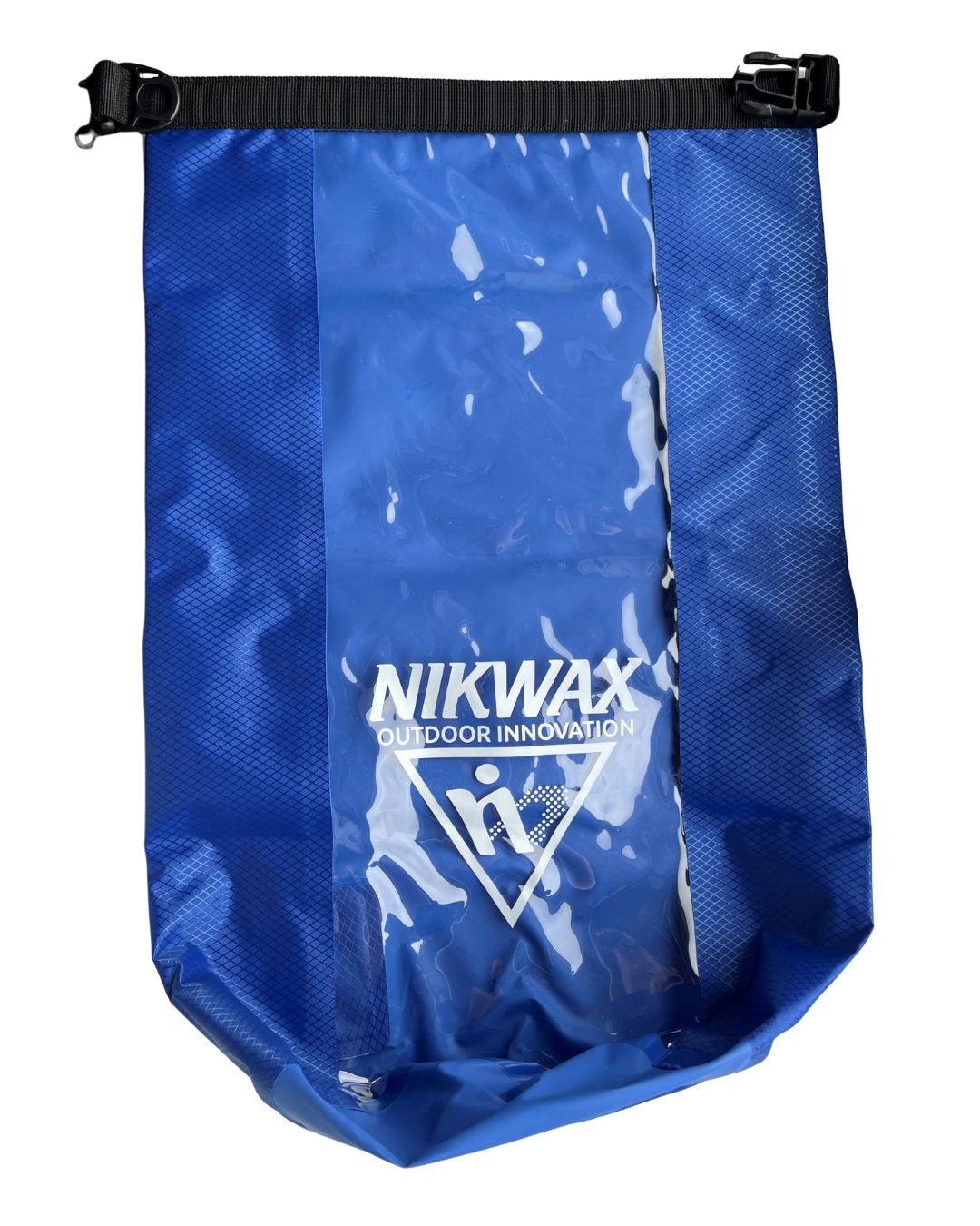 Blue waterproof bag with Nikwax logo on a white background