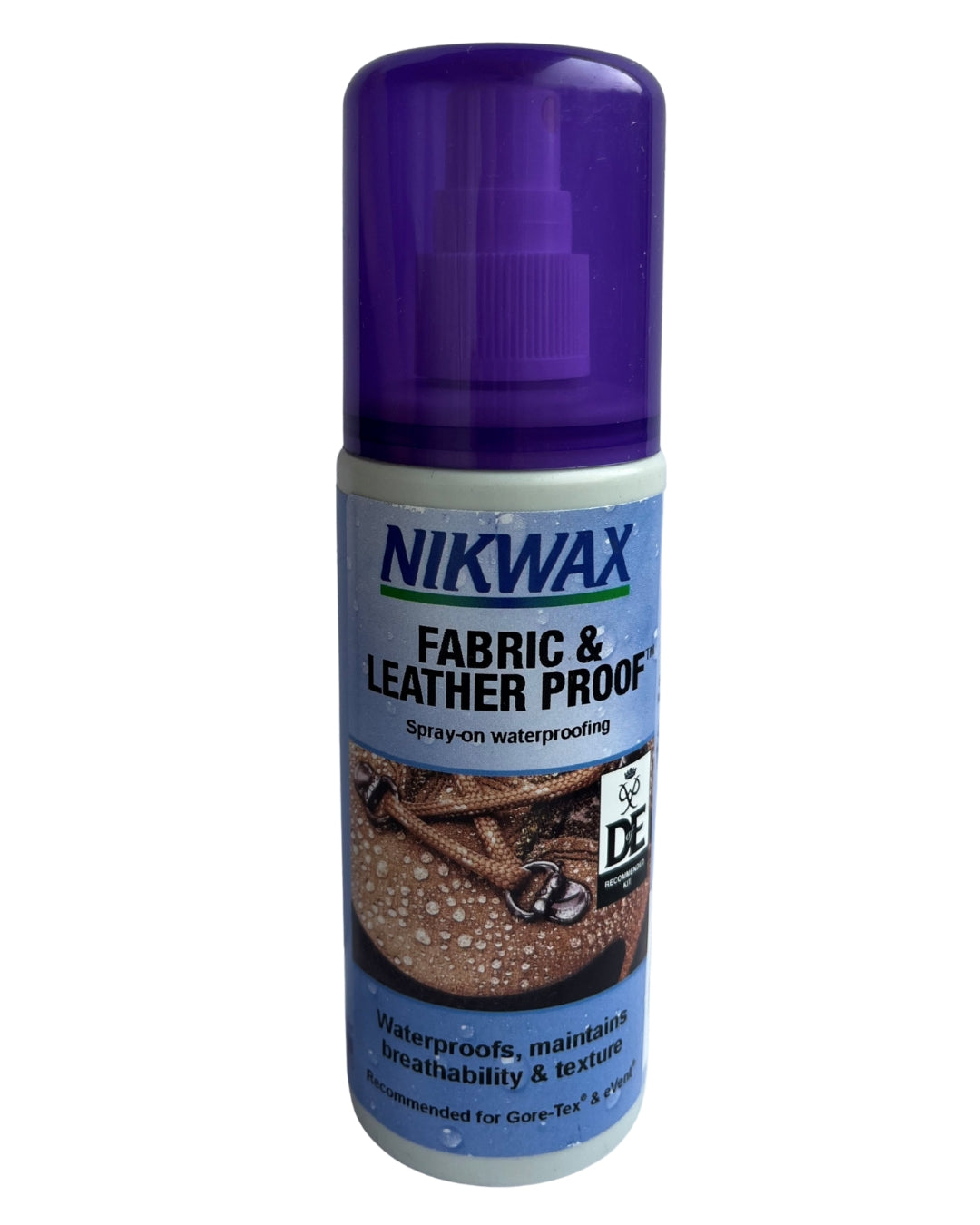 Nikwax fabric and leather proof spray bottle on a white background