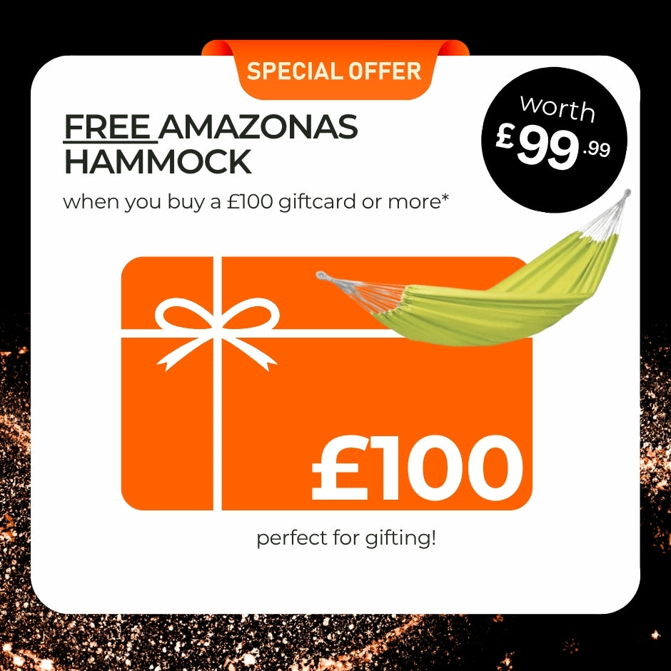 Amazonas gift card with a free hammock offer on a black background