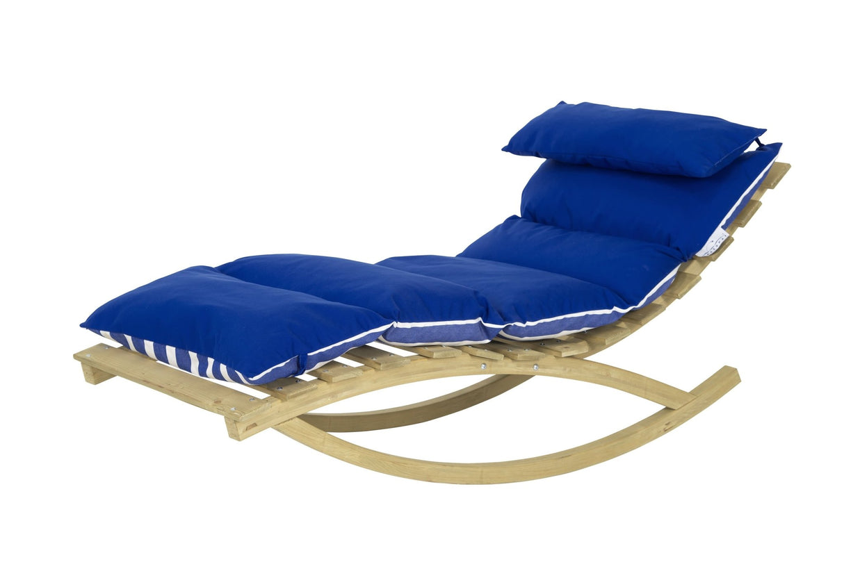 Rocking chair with blue cushions on a white background