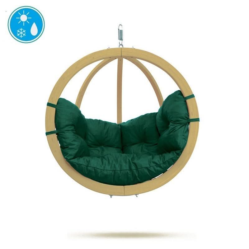 Hanging chair with green cushion and wooden frame on a white background