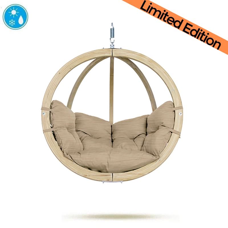 Hanging chair with beige cushions on a white background, featuring a 'Limited Edition' label.