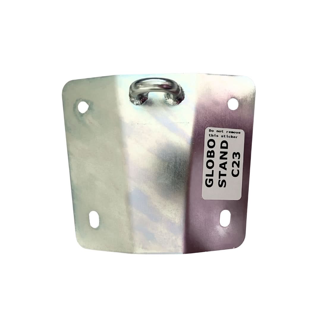 Metallic stand plate with a label on a white background