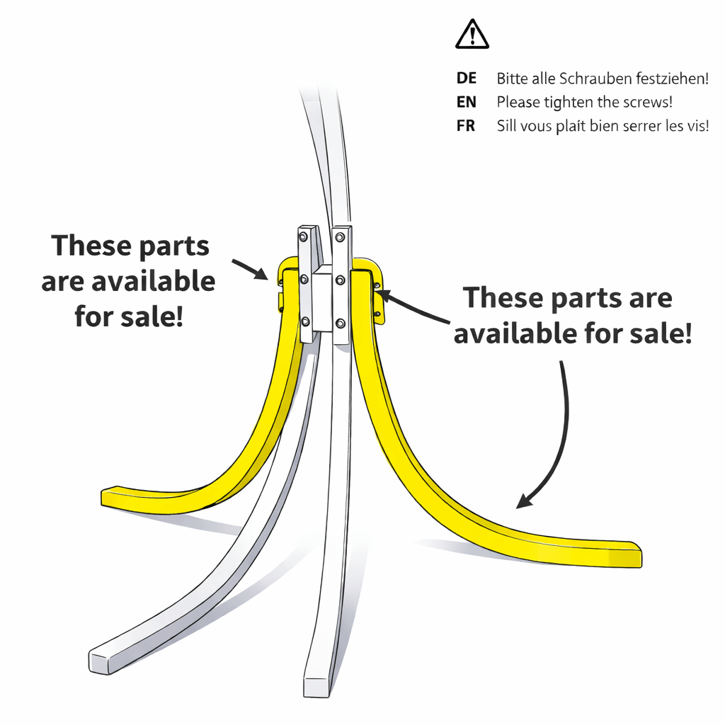 Diagram of a metal frame with yellow curved parts, indicating where to tighten screws and highlighting available parts for sale.