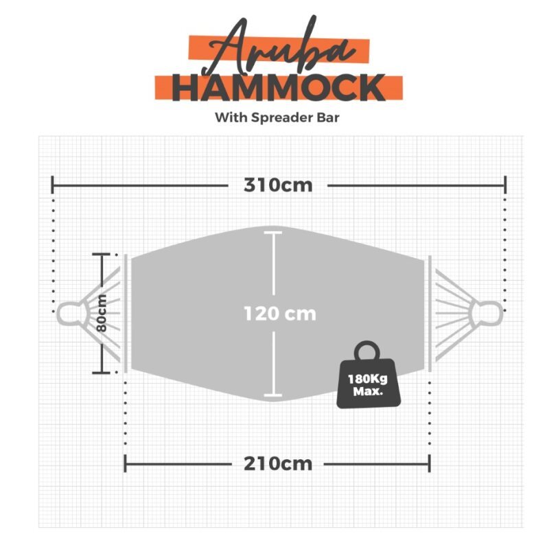 Measurement chart for Aruba Hammock with spreader bar, showing dimensions and weight capacity.