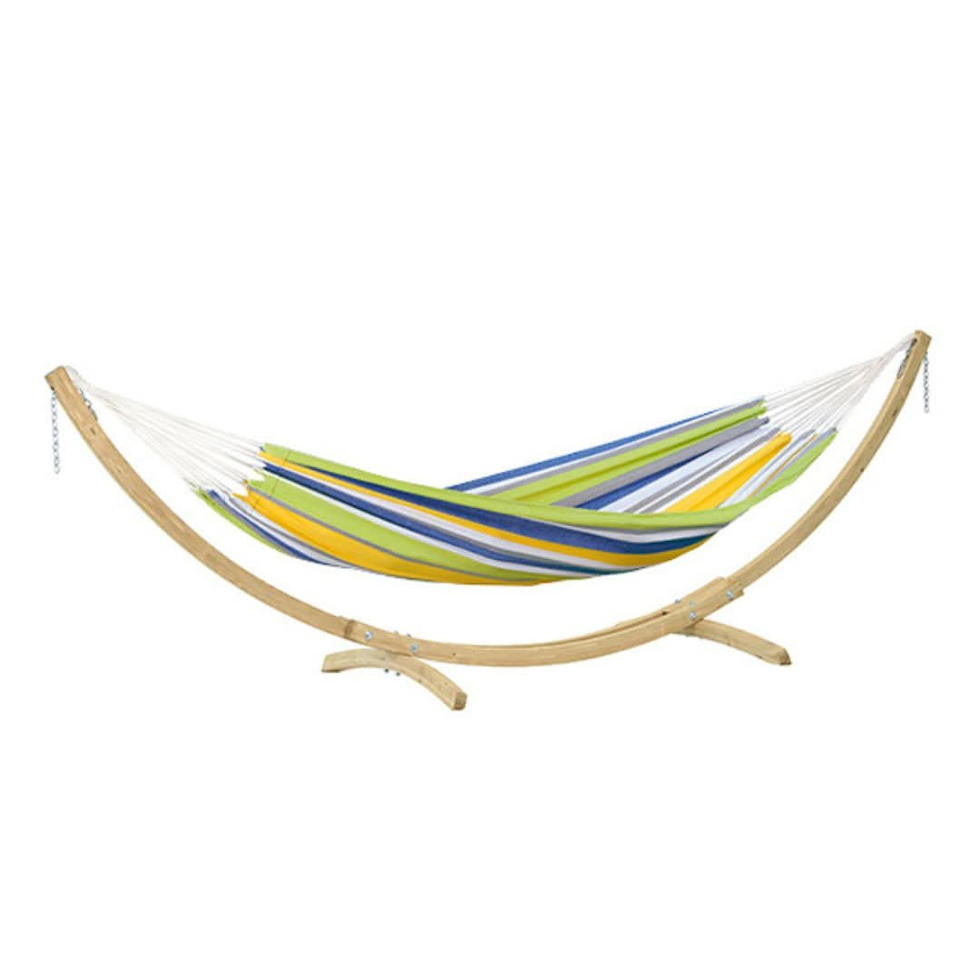 Colourful hammock with wooden stand on a white background, labelled 'Limited Edition'.
