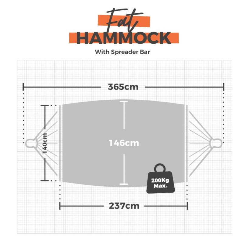 Measurement chart for a hammock with a spreader bar, showing dimensions and weight capacity.
