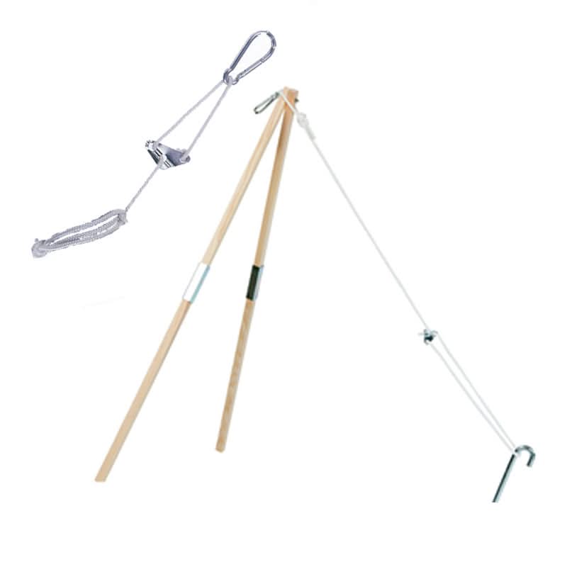 Wooden tripod with metal hooks on a white background