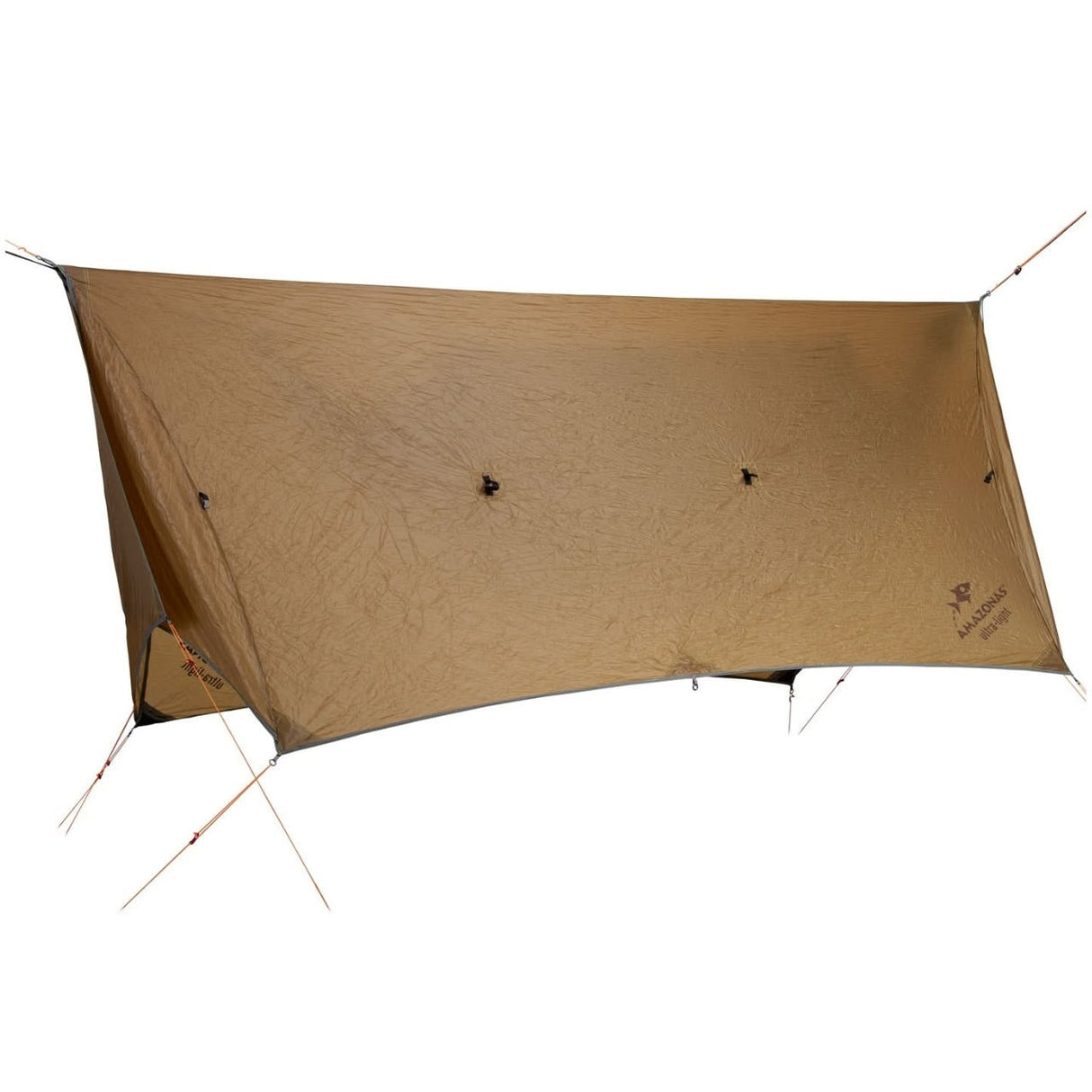 Brown camping hammock tarp with stakes on a white background