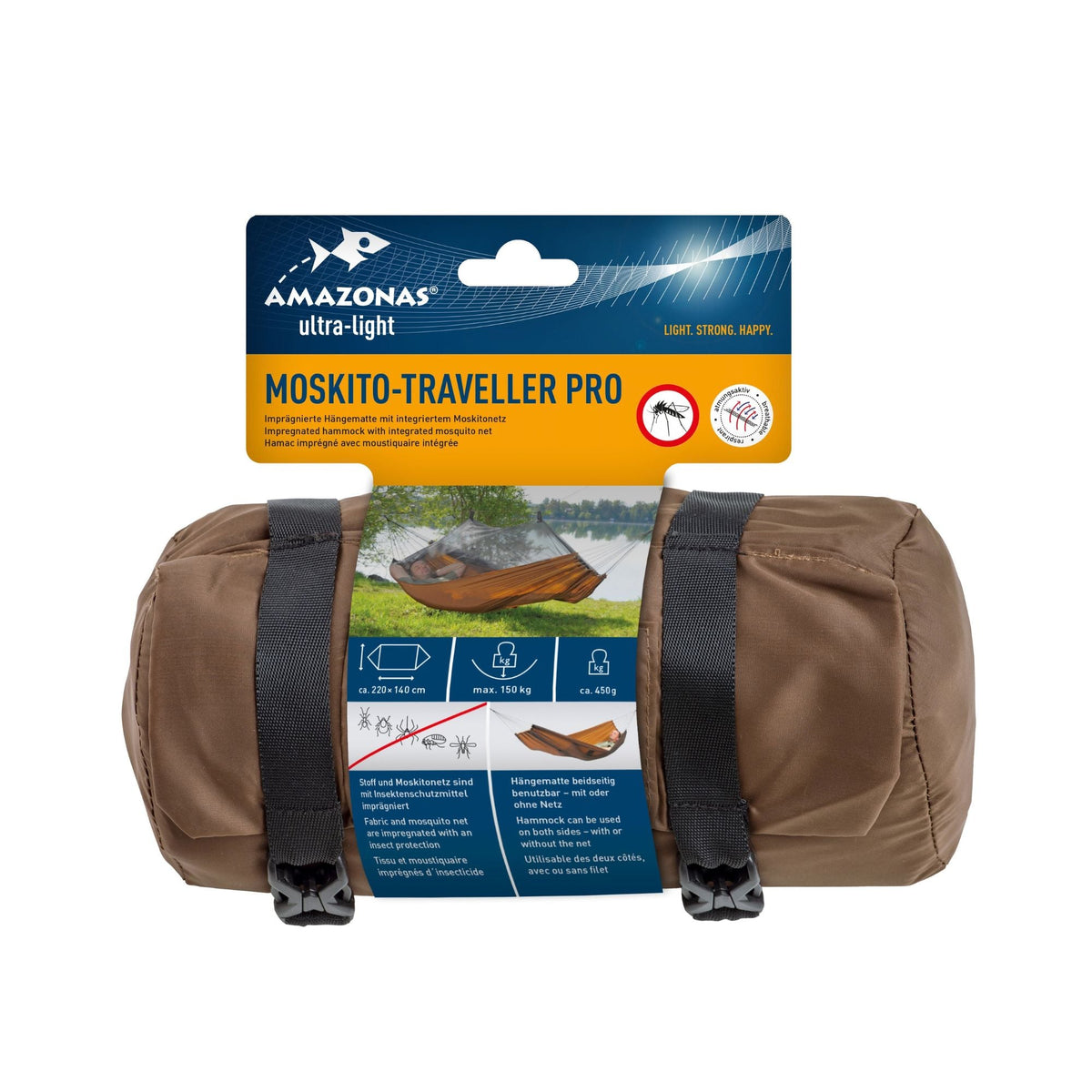A rolled brown hammock with black straps, attached to a blue and orange Amazonas Ultra-Light Mosquito Traveller Pro retail card, on a plain white background.