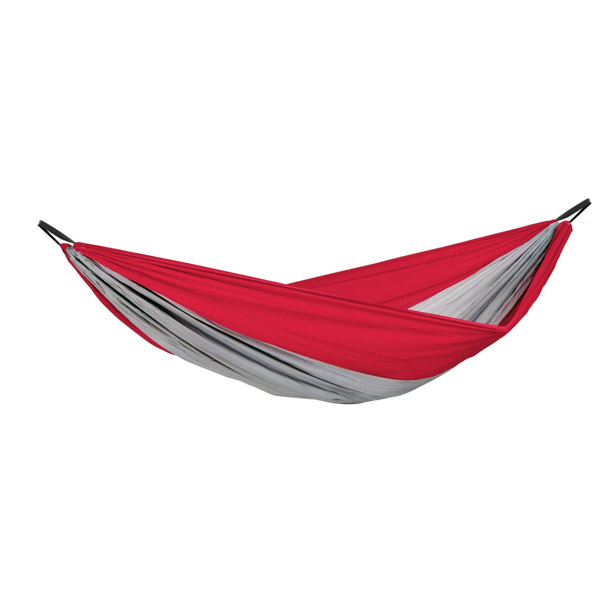 A two-tone red and grey camping hammock isolated on a solid white background.