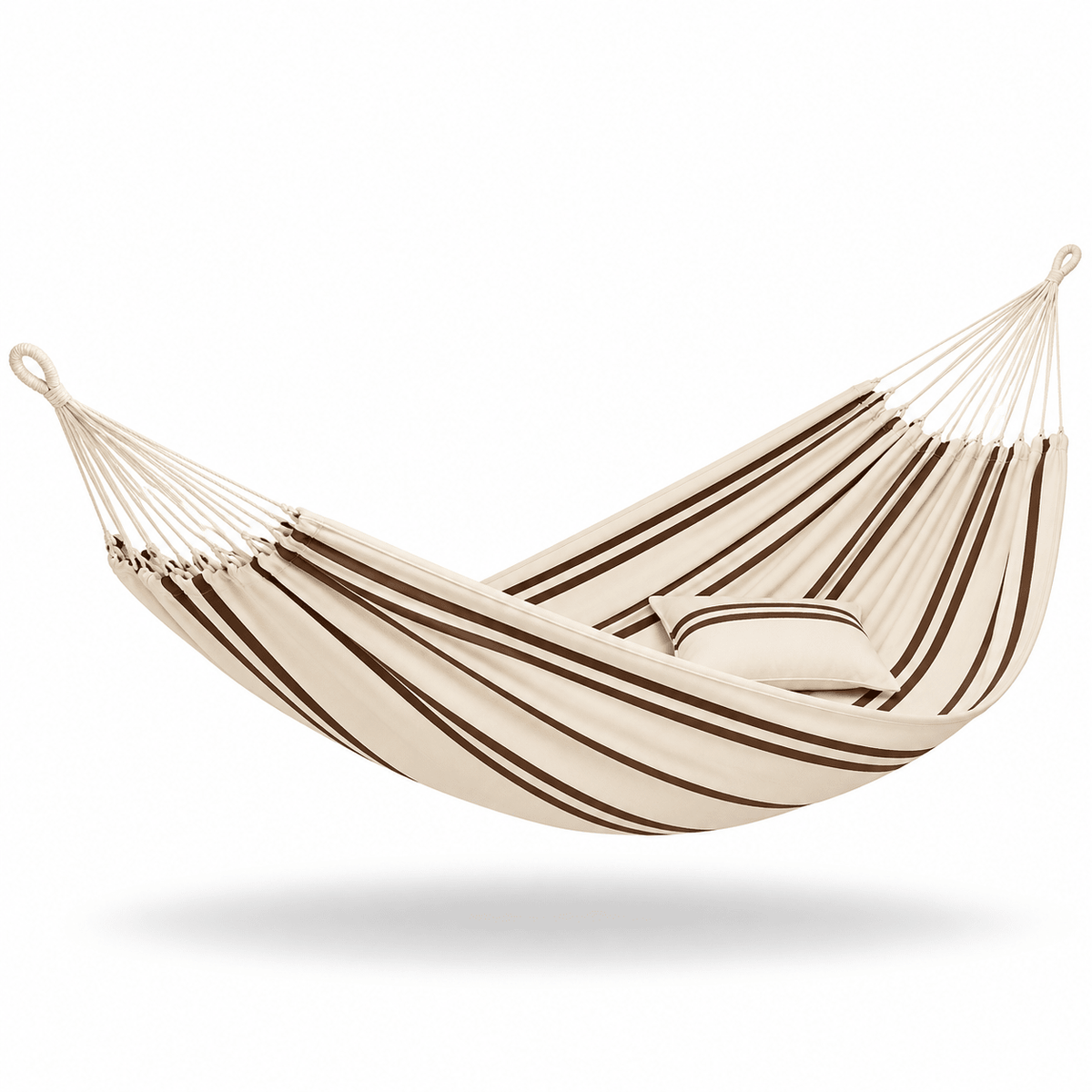 A cream-coloured fabric hammock with dark brown stripes, suspended by white ropes on a clean white background with a soft shadow underneath.