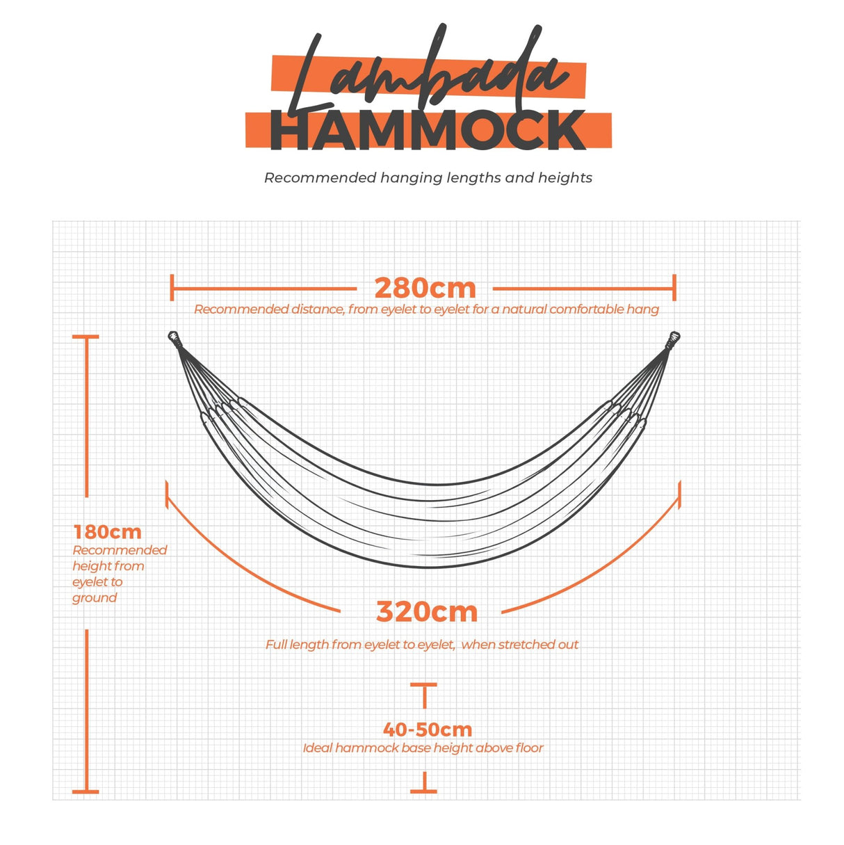 Lambada hammock hanging dimensions on white background