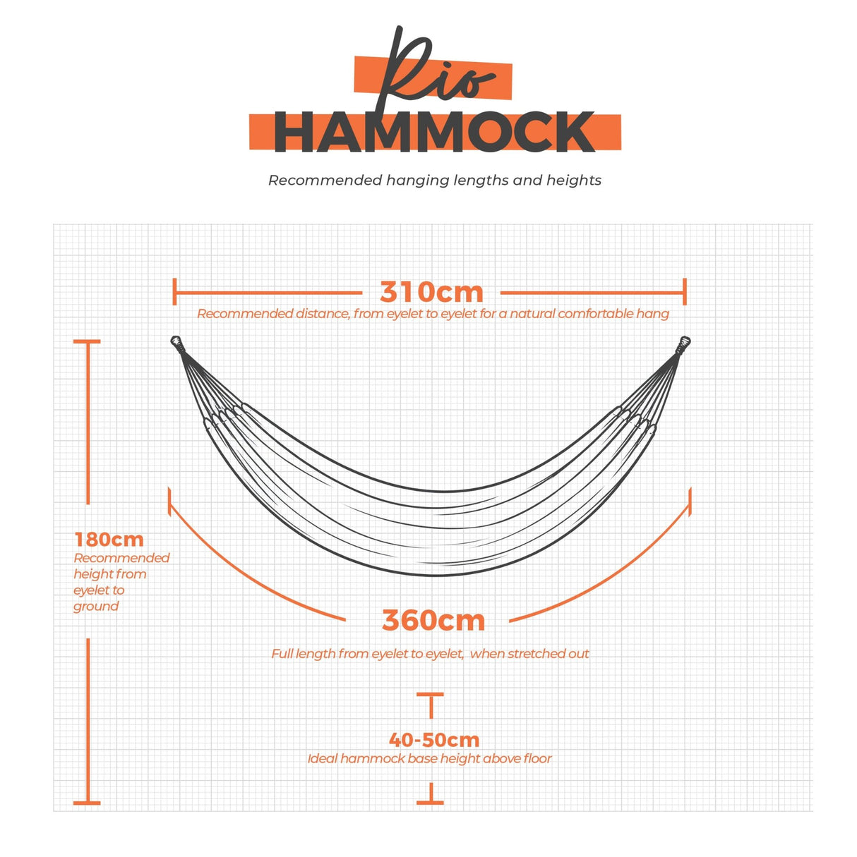 Rio hammock hanging dimensions on a white grid background