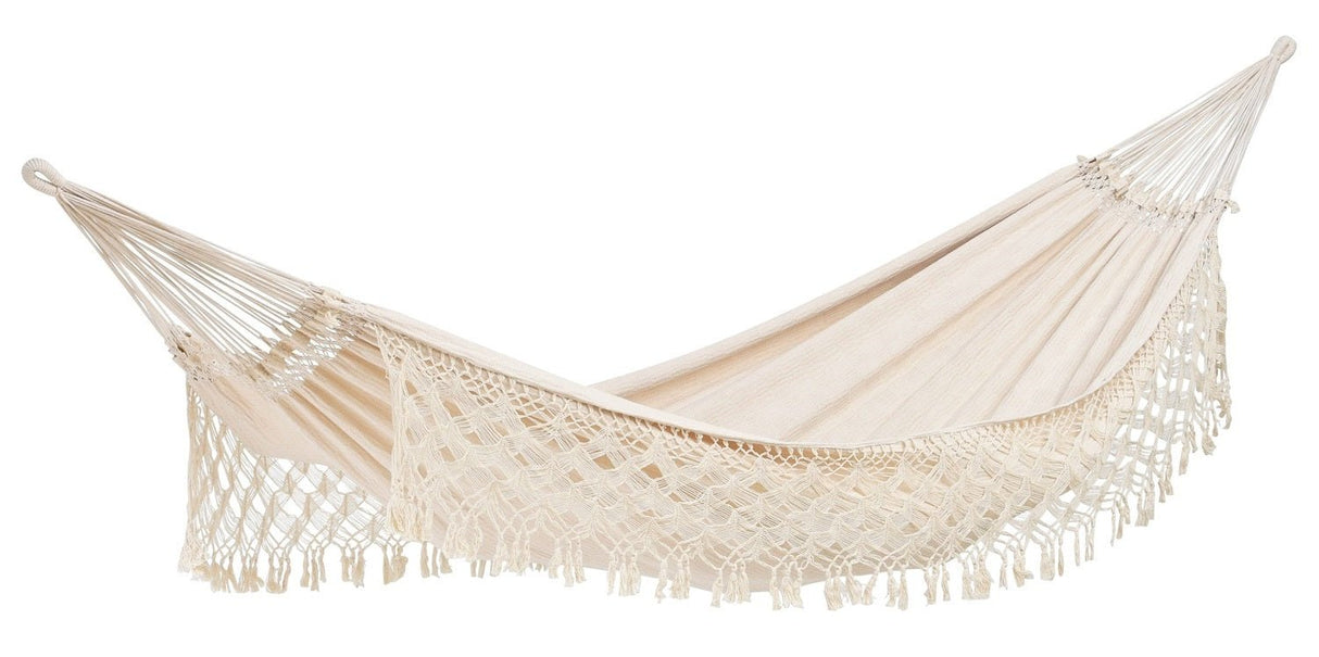 Beige hammock with tassels on a white background